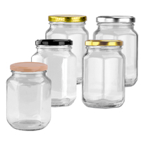 Pallet of 2,520 Australian Made 380ml Hexagonal Glass Jars with Black, Gold or Silver Lid. GST Incl.